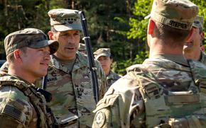 Gen. Christopher Donahue, commander of U.S. Army Europe and Africa, talks to troops at Hohenfels Training Area in Germany on June 11, 2025. Donahue said June 25 during an event hosted by the Association of the U.S. Army in Washington that he expects troop levels in Europe to hold steady.