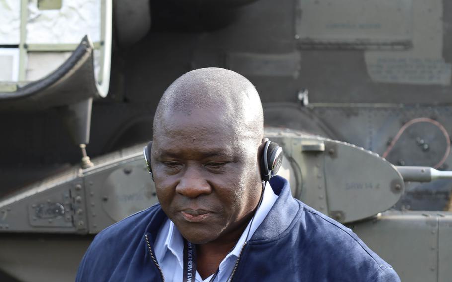 Brig. Gen. Fulgence Ndour, chief of army staff from Senegal, observes training at Grafenwoehr Training Area, Germany, Sept. 21, 2021. African leaders attending the African Land Forces Colloquium observed the gunnery while learning about what capabilities are available at the training area.