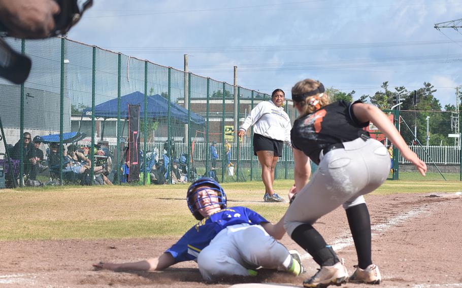 Sigonella scored a run against Audrey Hauck in a close play at home, but the Sentinels pitcher eventually came out on top as her team advanced to face Naples in the DODEA-Europe Division II/III finals Saturday, May 21, 2022, at Kaiserslautern, Germany.