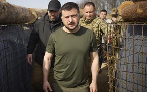 Volodymyr Zelenskyy inspects the fortification lines in the Kharkiv region of Ukraine on April 9, 2024.
