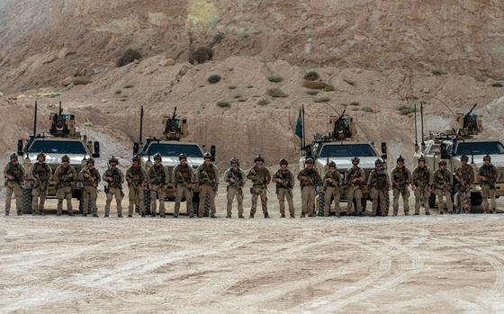 Coalition service members, assigned to Task Force Viking, Combined Joint Task Force - Operation Inherent Resolve, pose after conducting a close quarters live-fire exercise at Al Asad Air Base, Iraq, Oct.30, 2023. Members of the Coalition maintain crew proficiency and readiness to better advise, assist and enable partner forces in the ongoing effort to defeat Daesh. (U.S. Army photo by Pfc. Damion Clark)