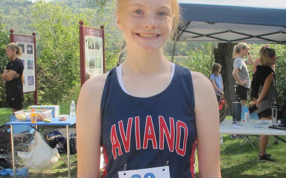 Ryleigh Ervin took first place for Aviano in the girls' 5-kilometer cross country race in Vicenza on Saturday, Sept. 3, 2022 in a time of 22 minutes, 18 seconds. She said she tells herself "the quicker the finish, the quicker the pain will be gone."