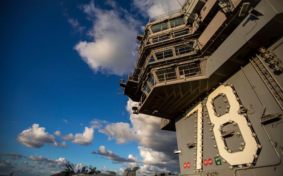 The island of the USS Gerald R. Ford CVN-78 on Friday, Oct. 7, 2022.