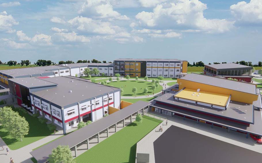 A concept drawing shows the configuration of a $120 million elementary school to be built on Marine Corps Base Hawaii, with a completion goal of late 2026.