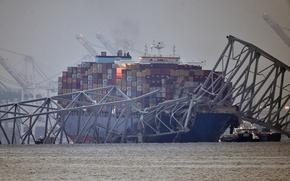 The container ship Dali Wednesday morning, March 27, 2024, at the site where it collided with the Francis Scott Key Bridge. 