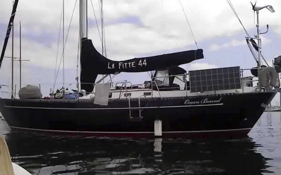 This photo provided by the U.S Coast Guard on April 14, 2023, shows the 44-foot sailing vessel “Ocean Bound.” Three Americans, Kerry O’Brien, Frank O’Brien and William Gross, were aboard the boat and have not been heard from since April 4, when they were near the Pacific coast port of Mazatlan, Mexico, according to the Coast Guard. The Mexican navy says it is using ships and a plane to search for the three who went missing along with their sailboat off Mexico's northern Pacific coast.