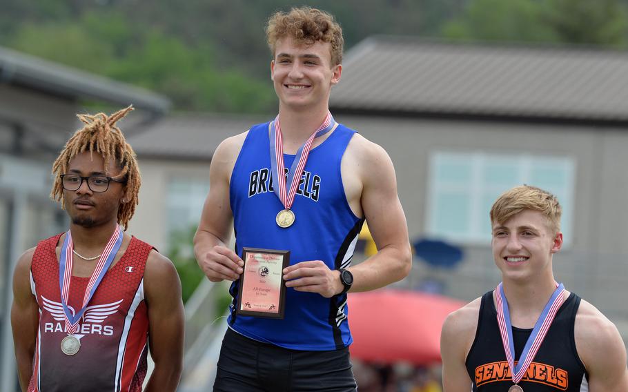 Brussels’ William Pierce won the boys triple jump completion at the DODEA-Europe track and field championships in Kaiserslautern, Germany, ahead of Kaiserslautern’s Kaylon Williams and Spangdahlem’s Kian Williams, with a 44 feet, 2 inch jump.