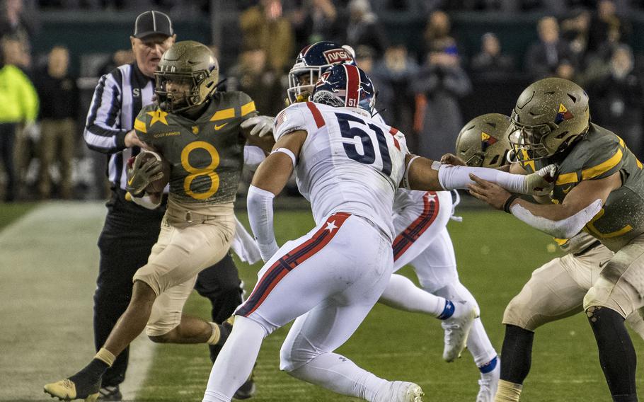 Army running back Braheam Murphy (8) is knocked out of bounds during the 123rd Army-Navy football game played at Philadelphia's Lincoln Financial Field on Saturday, Dec. 10, 2022. Army went on to beat Navy 20-17 in double overtime.