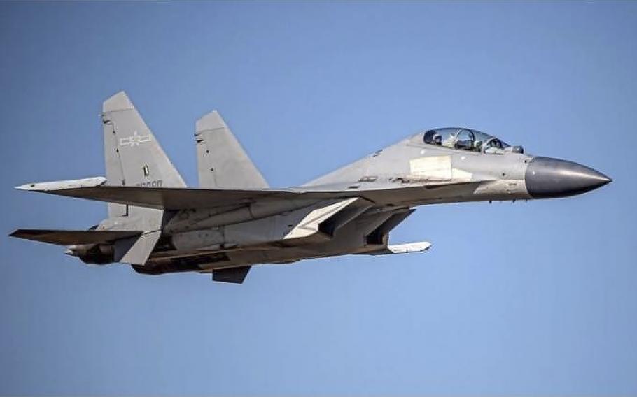 A Chinese PLA J-16 fighter jet as seen flying in an undisclosed location. 