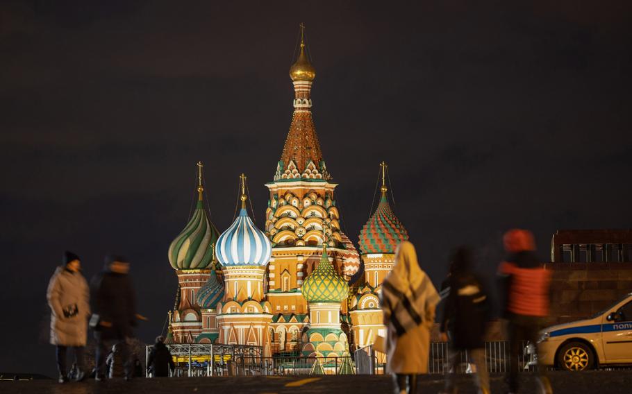 Saint Basil’s Cathedral on Red Square is seen at night in Moscow on Nov. 12, 2021.