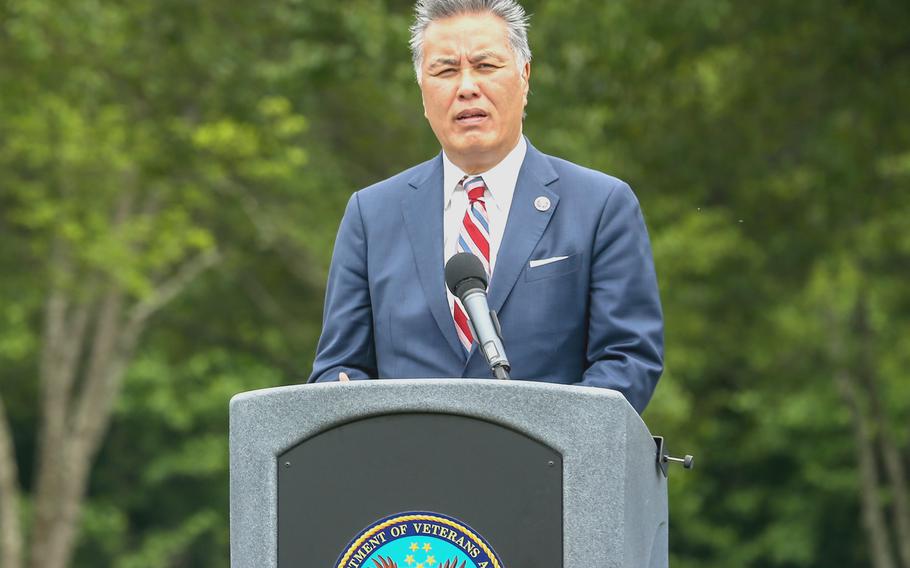 U.S. Rep. Mark Takano, D-Calif., makes an address at Quantico National Cemetery, Va., on May 28, 2021. 