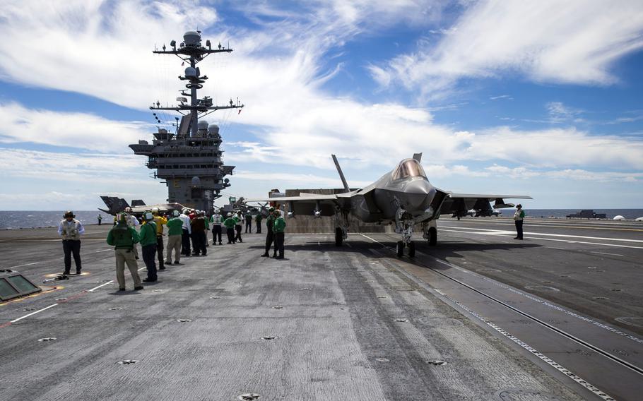 An F-35C Lightning II stealth fighter waits to launch from the aircraft carrier USS George Washington in the Atlantic Ocean, Aug. 23, 2016.