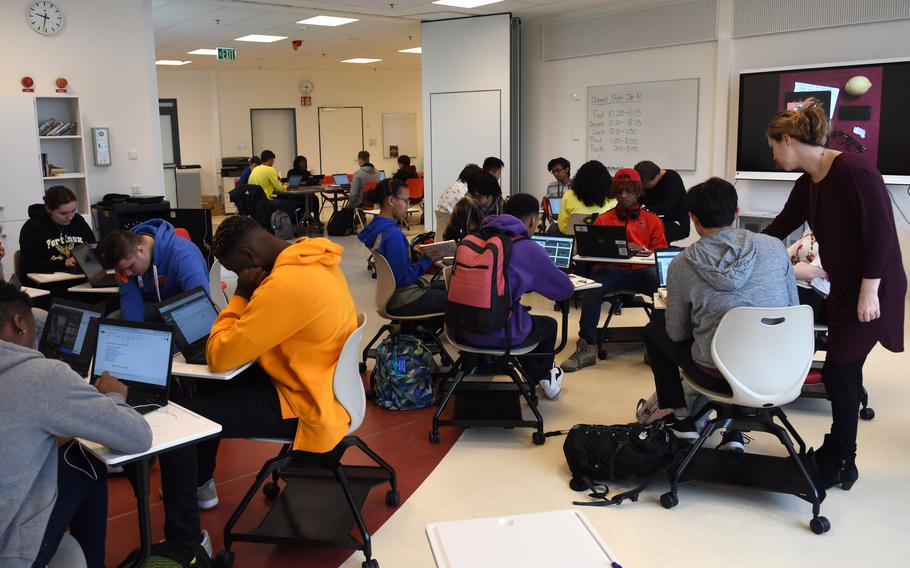 Students work in class at Kaiserslautern High School, Germany in 2019. 