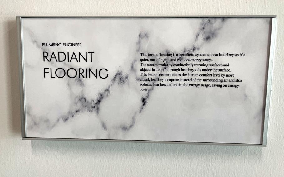 A placard on one of the walls of the newly constructed Vicenza High School describes the facility’s heating system. The placard is part of the “school is a teaching tool” program designed to educate and inform students throughout the building.