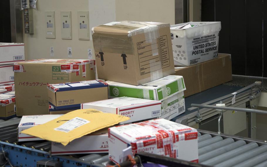 Outgoing mail waits to be processed at Camp Foster, Okinawa, Dec. 12, 2017. 