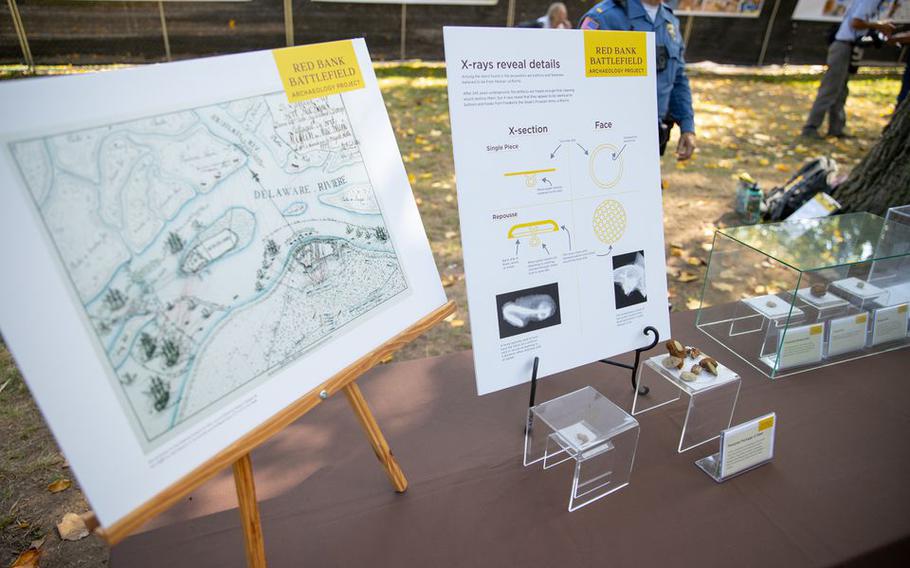 Maps and information about items found at a Rowan University archaeological dig site on display in National Park, N.J., on Tuesday, Aug. 2, 2022.