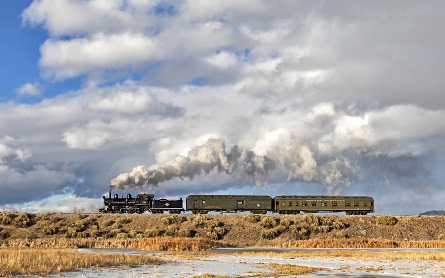 Nevada Northern Railway locomotive No. 40 leads the “Steptoe Valley Flyer” near Ely, Nev., in February. 