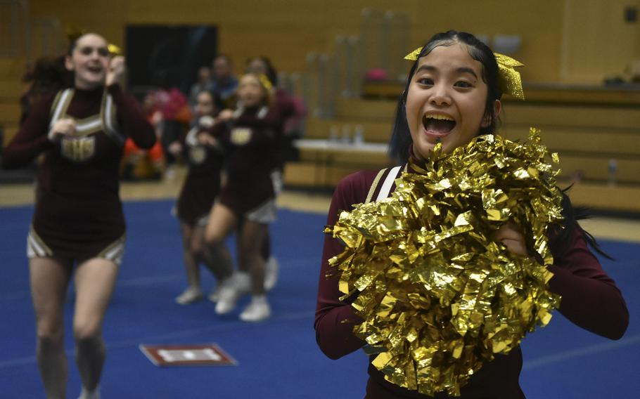 Ghianelle Flores, a sophomore at Baumholder High School chants during the 2024 DODEA-Europe Cheerleading Championships in Wiesbaden, Germany on Friday, Feb. 16, 2024. 
