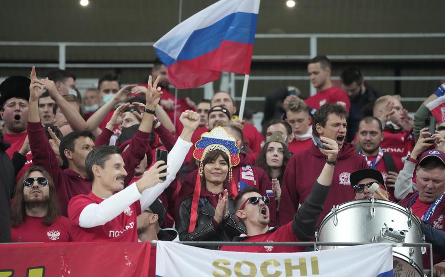 Soccer fans wait before the start of the World Cup 2022 group H qualifying soccer match between Russia and Croatia at the Luzhniki Stadium in Moscow, Russia, on Sept. 1, 2021. Russia is trying to make progress on its slow and difficult return to international sports at a meeting with UEFA officials.