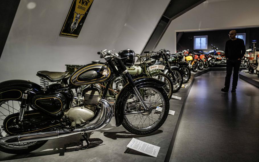 Several generations of Triumph motorcycles are on display at the German Motorcycle Museum in Neckarsulm, Germany, Jan. 21, 2024.  On display is the 1962 T120 Bonneville, which is considered the brand's most famous model.