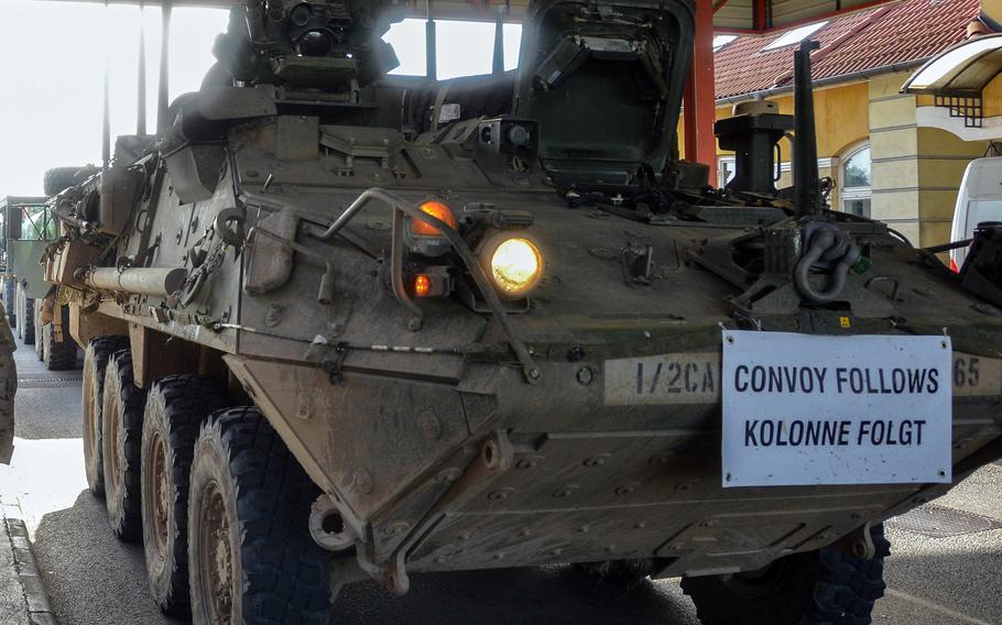 A U.S. Army Stryker infantry carrier prepares to cross the border from Hungary into Nadlac, Romania, in June 2019. The U.S. is now part of a European project that aims to speed up the movement of military forces across the Continent, the Dutch defense ministry said Dec. 14, 2021.