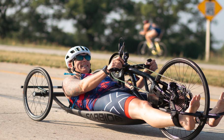 Navy veteran Jay McManus competing at Leon’s Triathlon, a paralympic development race, in July 2023. McManus is competing Sunday, Oct. 29, 2023, in the 48th Marine Corps Marathon. 