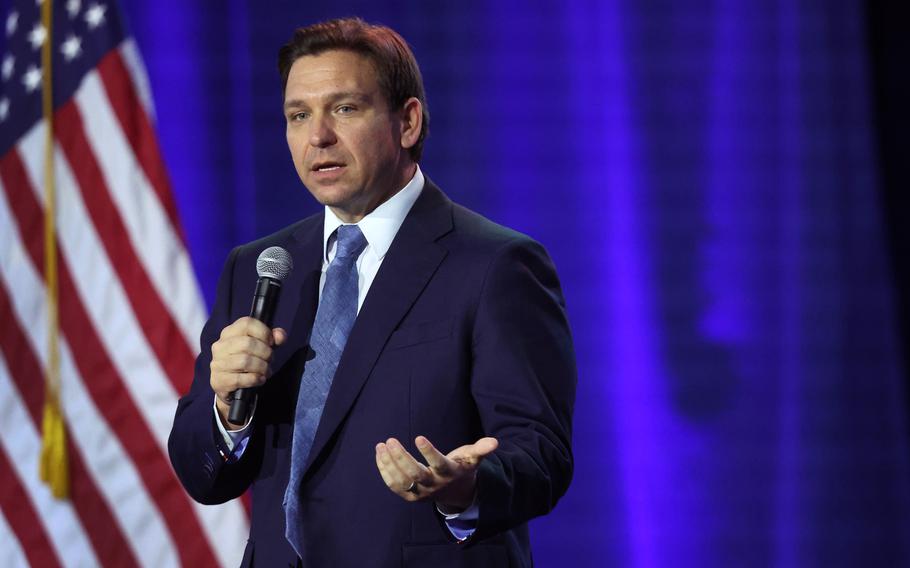 Florida Gov. Ron DeSantis speaks to Iowa voters gathered at the Iowa State Fairgrounds on March 10, 2023, in Des Moines, Iowa.