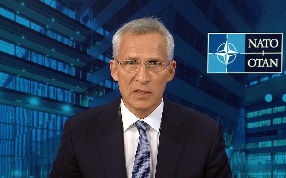 NATO Secretary-General Jens Stoltenberg speaks remotely during the Crimea Platform on Aug. 23, 2022. Stoltenberg called for allies to provide long-term support to Ukraine in its fight against Russia.