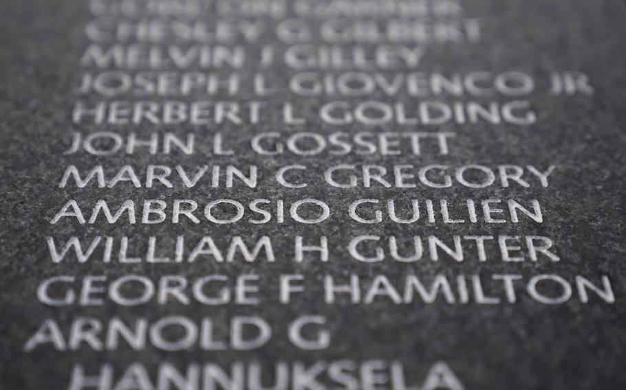 Marine Corps Staff Sgt. Ambrosio Guillen’s last name is misspelled on the wall. He was killed in 1953 and posthumously awarded the Medal of Honor for valor.