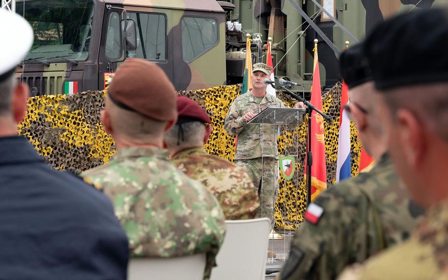 U.S. Army Gen. Christopher Cavoli, NATO's top military commander, speaks at a July 1, 2024, ceremony in Solbiate Olona, Italy, where a new NATO quick reaction force was activated. 