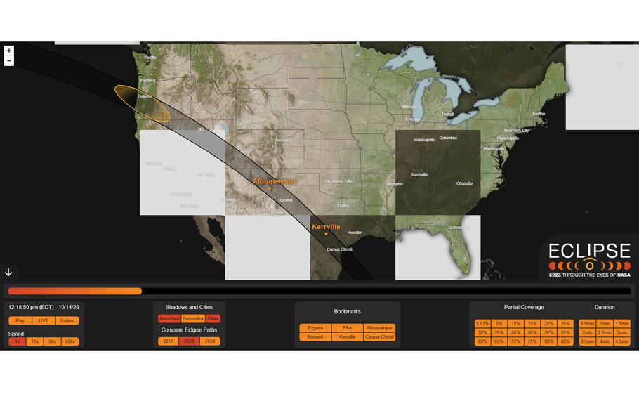 The ring of fire or annular eclipse will sweep from Oregon to Texas while the rest of the Lower 48 will see a partial eclipse.