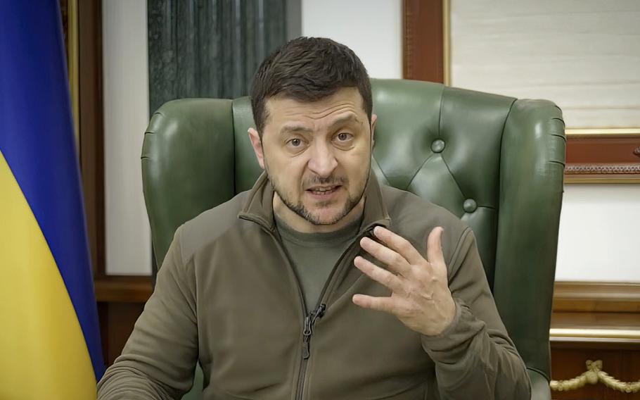 In this image from video provided by the Ukrainian Presidential Press Office and posted on Facebook early Saturday, March 12, 2022, Ukrainian President Volodymyr Zelenskyy speaks in Kyiv, Ukraine.