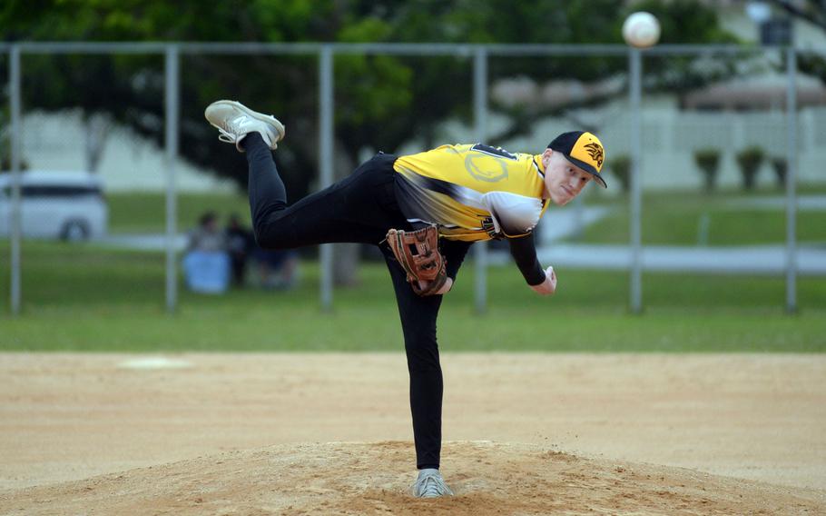 Kadena right-hander Drew Eaglin delivers against Kubasaki during Monday's DODEA-Okinawa season-opening baseball game. The Panthers rallied to win 10-8.