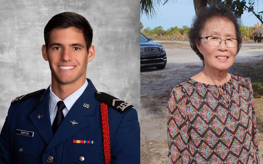 U.S. Air Force Academy Cadet 2nd Class Tristen Burton, left, and Chong Hirthler, right, a longtime food-service worker.