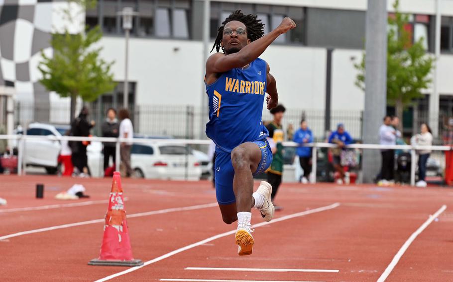 Wiesbaden’s Zion Thompson won the boys triple jump completion at the 2025 DODEA-Europe track and field finals in Kaiserslautern, Germany,  with a 45 feet, 1/2 inch effort.