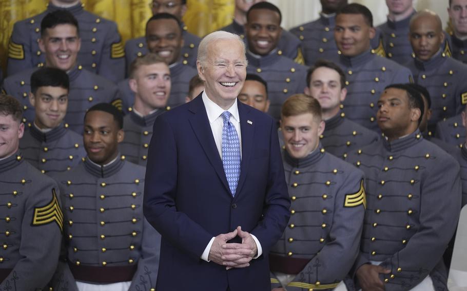 President Joe Biden speaks during an event to present the Commander-in-Chief’s Trophy to the United States Military Academy Army Black Knights, in the East Room of the White House, Monday, May 6, 2024, in Washington. 