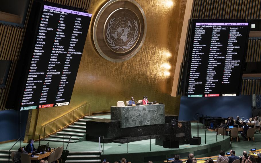 Voting commences on a resolution during a meeting of the United Nations General Assembly, Thursday, April 7, 2022, at United Nations headquarters.  UN General Assembly approved a resolution suspending Russia from the world body's leading human rights organization.