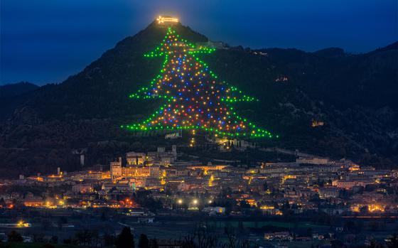 The famous Gubbio Christmas Tree, the biggest Christmas Tree in the world. Province of Perugia, Umbria, Italy.