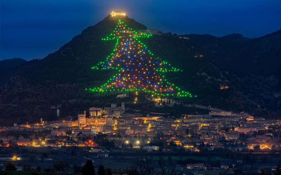 The famous Gubbio Christmas Tree, a display known as the biggest Christmas tree in the world, can be seen in the province of Perugia, Umbria, Italy.