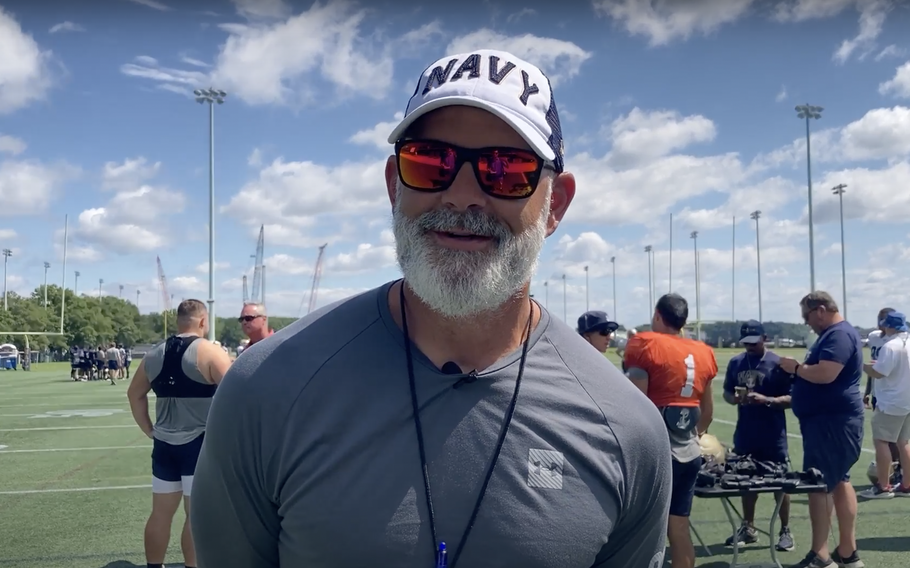 Navy head coach Brian Newberry speaks after practice Aug. 8, 2023. The Midshipmen are looking to simplify their offense during the first season with Newberry and offensive coordinator Grant Chesnut at the helm and achieve bowl eligibility for the first time in four years.