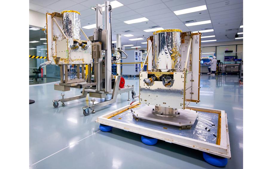 Two second-generation LeoStella imaging satellites at the company’s Tukwila assembly and test facility, prior to delivery to BlackSky.