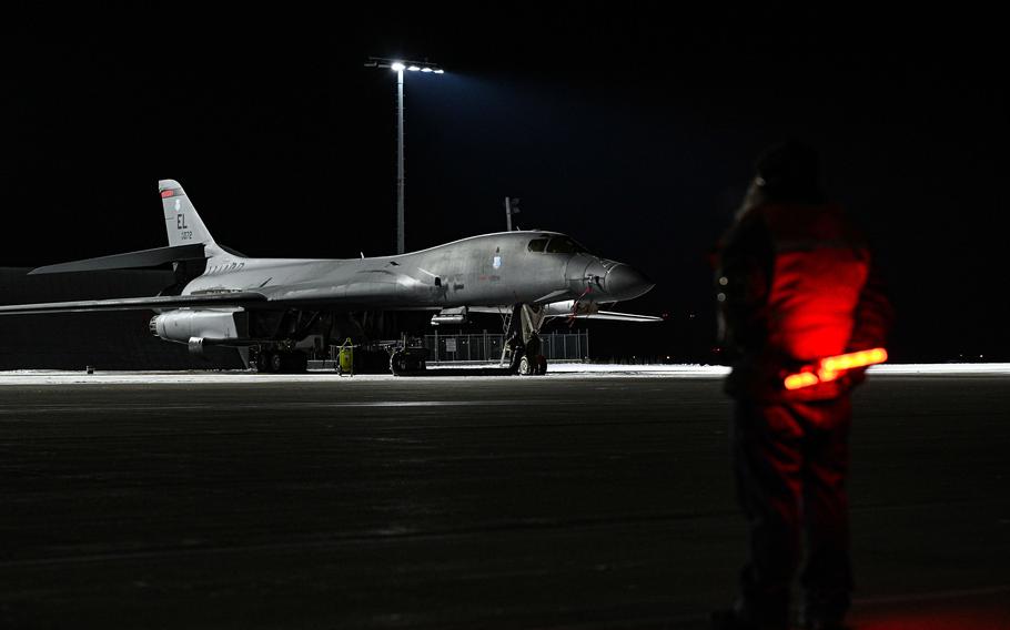 A B-1B Lancer assigned to the 34th Expeditionary Bomb Squadron prepares to depart Ellsworth Air Force Base, S.D., Jan. 31, 2023.