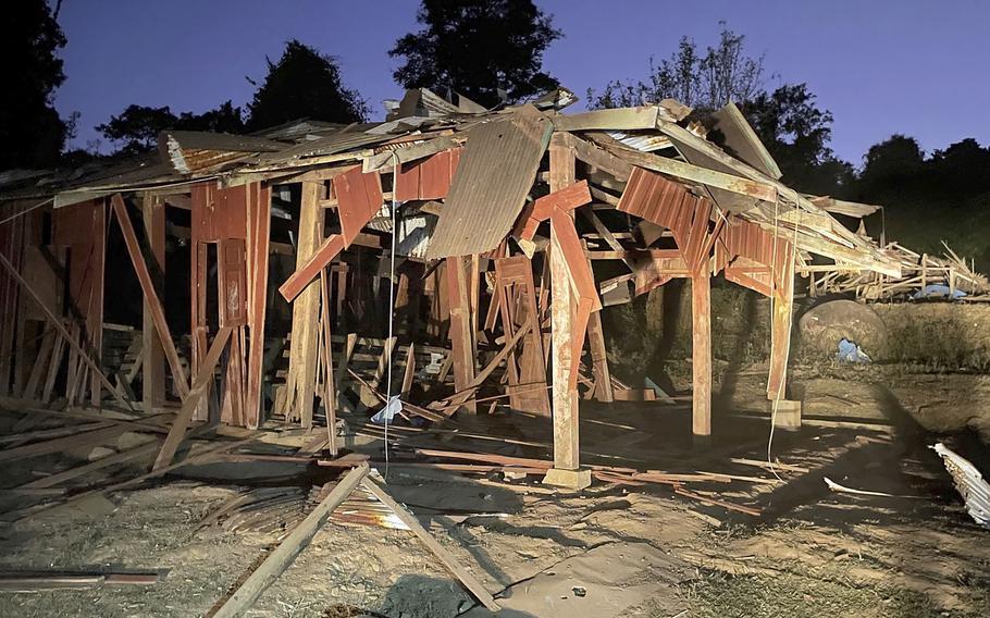 This photo provided by the Free Burma Rangers shows remains of a destroyed village school in Lay Wah, one of the villages in Karen state’s Mutraw district, Myanmar, Thursday, Jan. 12, 2023. 