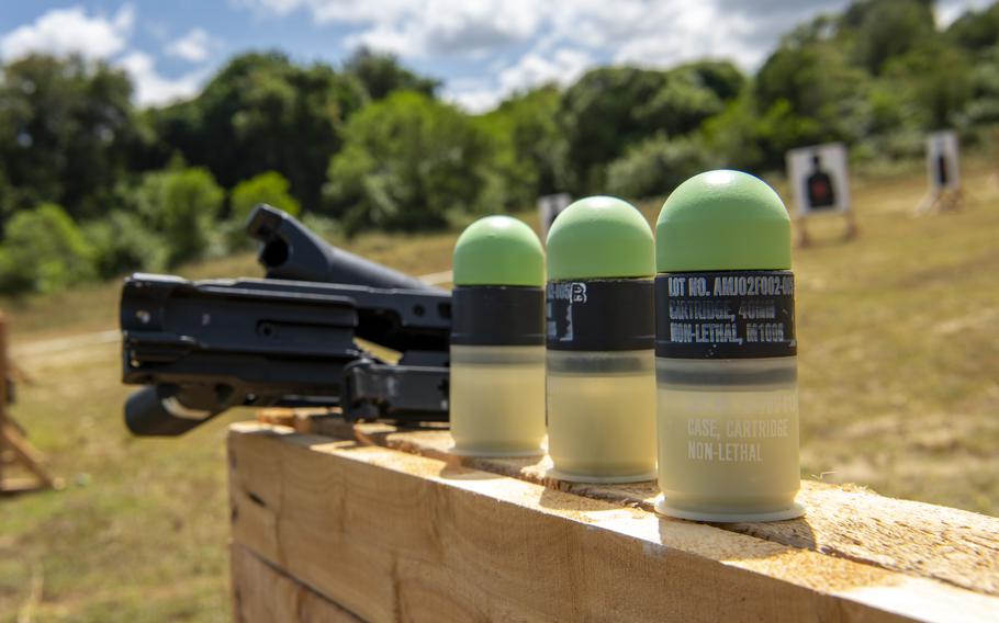 A non-lethal 40mm round sits ready to be used for less-lethal training conducted by the 772nd Military Police Company, Massachusetts National Guard, during Justified Accord 2024 at the Counter Insurgency Terrorism and Stability Operations Training Centre, Nanyuki, Kenya, Wednesday, Feb. 28, 2024.