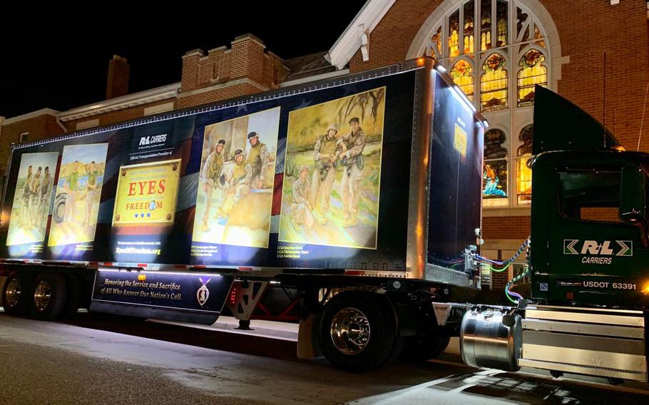 The traveling Eyes of Freedom exhibit in Loveland, Colo., on its way to Lyons.