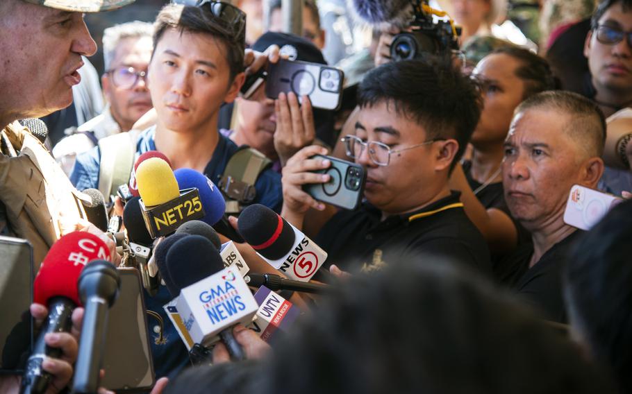 Marine Lt. Gen. Mike Cederholm, U.S. task force commander for the Balikatan, speaks to reporters about the exercise in Laoag, Philippines, May 6, 2024.