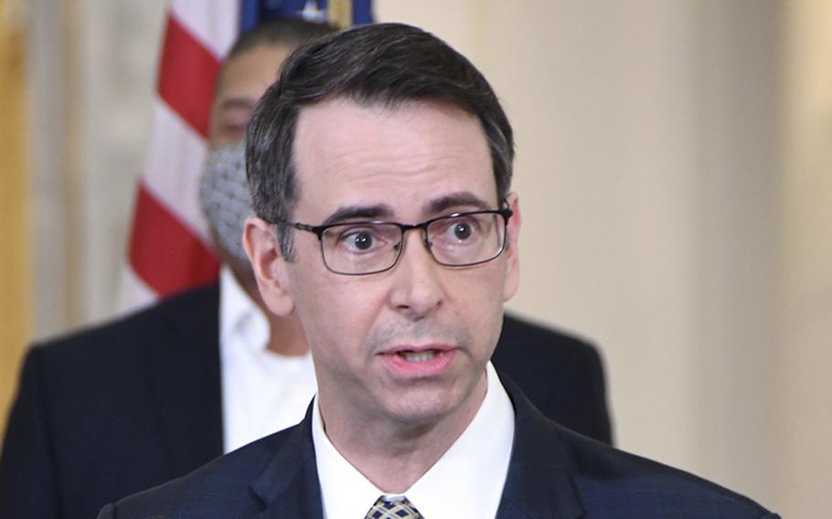 Roy McGrath speaks during a State House news conference in April 2022.