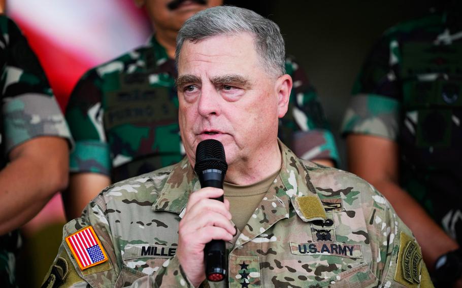 U.S. Chairman of the Joint Chiefs of Staff Gen. Mark Milley talks to the media after his meeting with Indonesian Armed Forces Chief Gen. Andika Perkasa at Indonesian military headquarters in Jakarta, Indonesia.