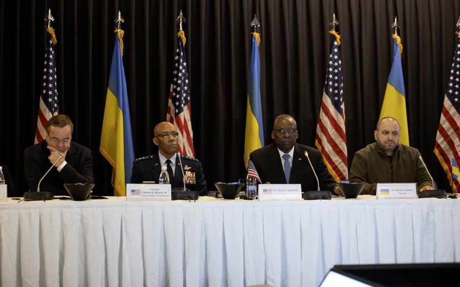 Form left, German Defense Minister Boris Pistorius, Gen. Charles Q. Brown, the U.S. chairman of the joint chiefs of staff, U.S. Defense Secretary Lloyd Austin and Ukraine Defense Minister Rustem Umerov attend the Ukraine Defense Contact Group talks at Ramstein Air Base, Germany, Tuesday, March 19, 2024. 