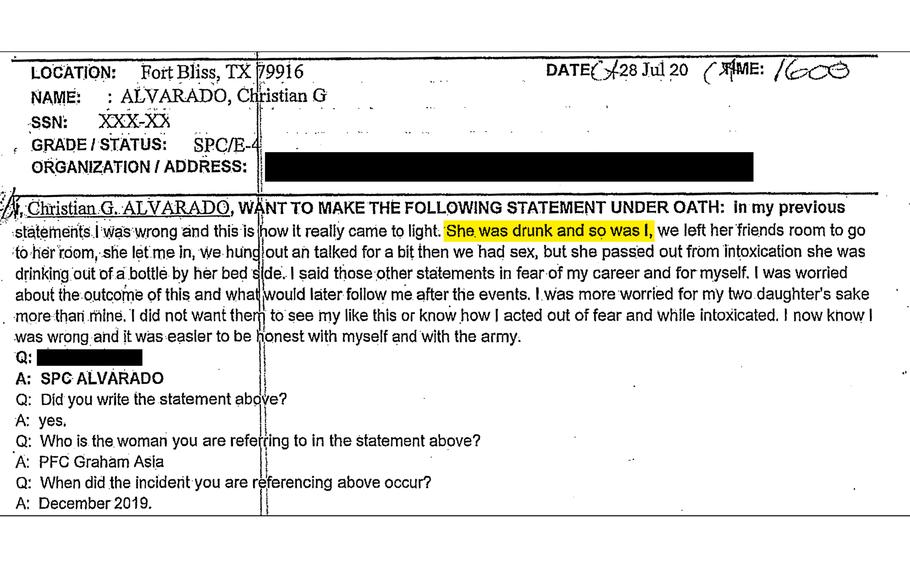 A portion of Christian Alvarado’s statement to investigators, highlighted and redacted by ProPublica and The Texas Tribune. Although Alvarado is identified here as a specialist, military court documents and an Army spokesperson identify his rank as a private first class.